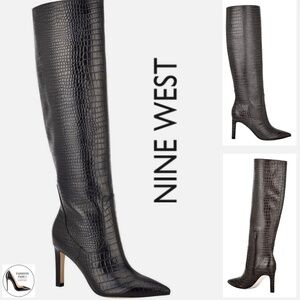 Nine West Maxim Women's Black Leather Knee High Boots Tall Stiletto Heel Boots 8